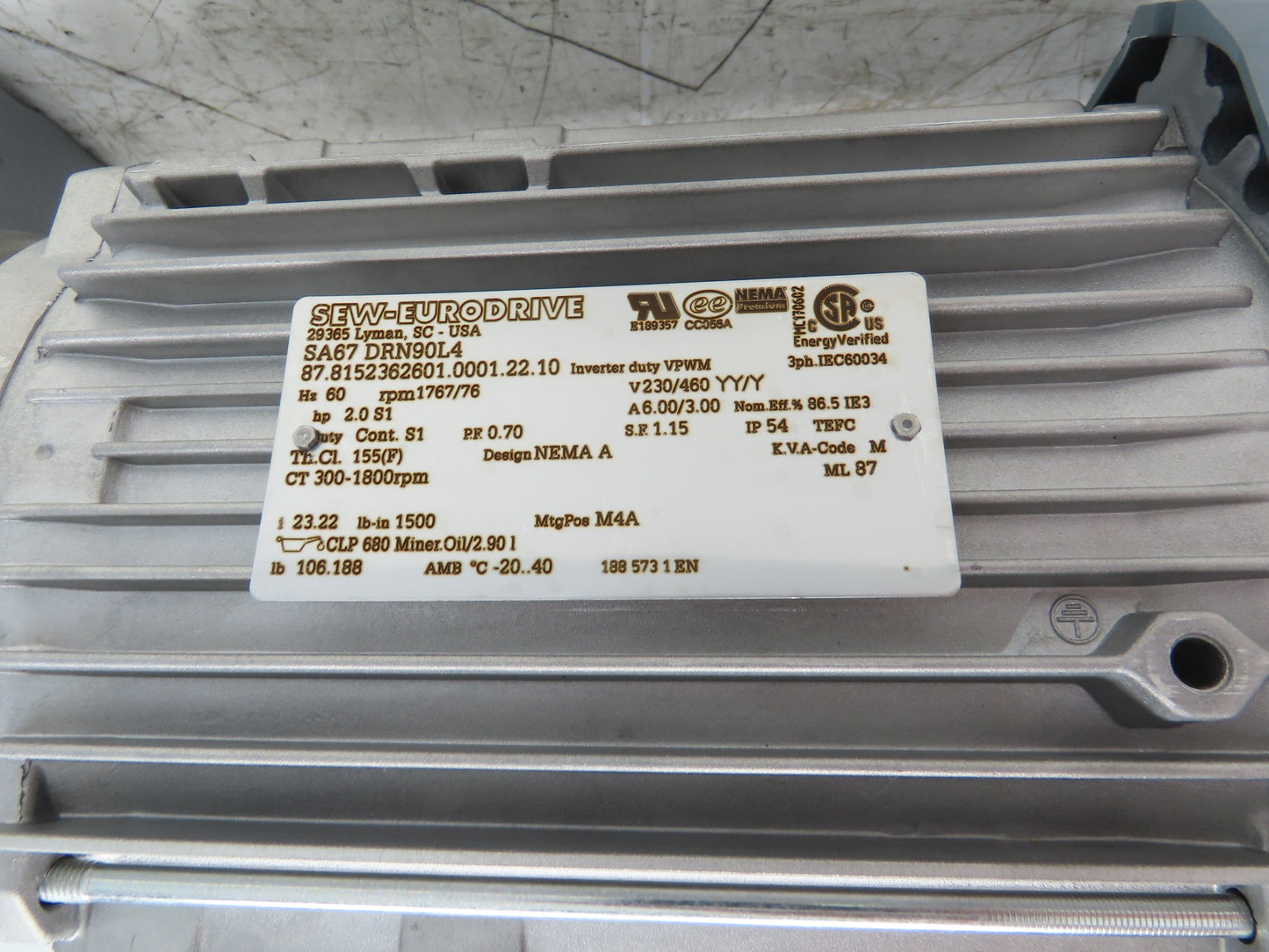 Sew Eurodrive SA67 DRN90L4 Gearmotor 23.22 Ratio 76rpm 2Hp 230/460V Hollow Shaft