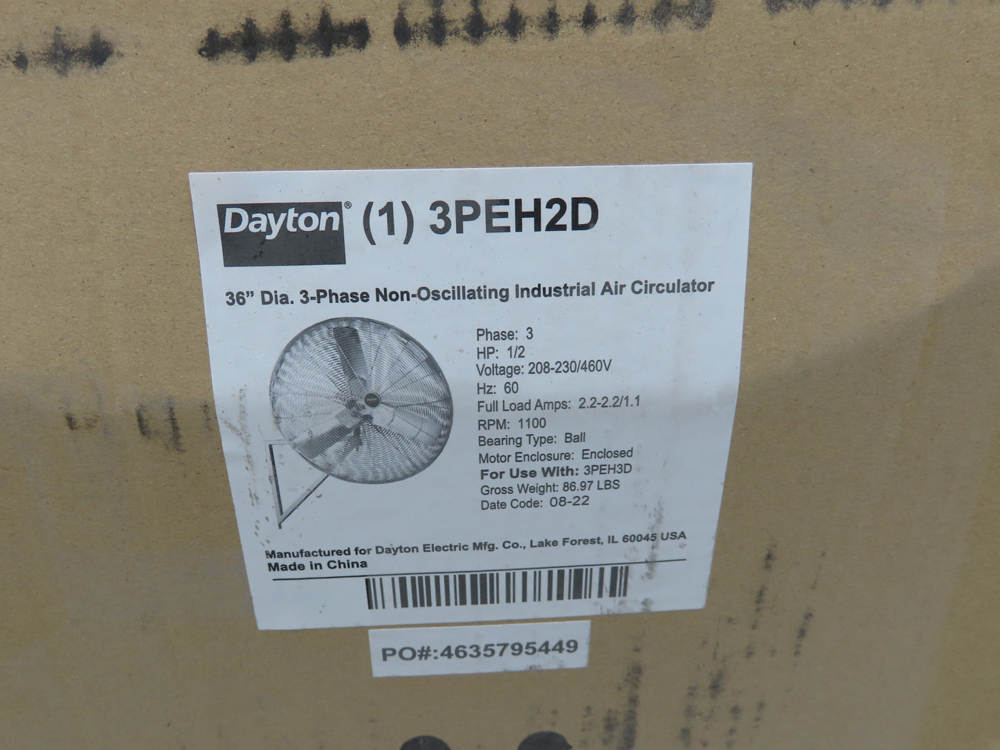 Dayton 3PEH2D Standard Duty Industrial Fan 36" 1/2Hp 208-230/460V 3Ph 1100RPM