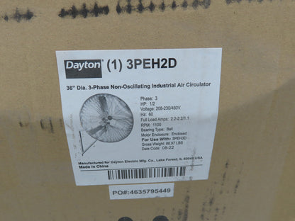 Dayton 3PEH2D Standard Duty Industrial Fan 36" 1/2Hp 208-230/460V 3Ph 1100RPM