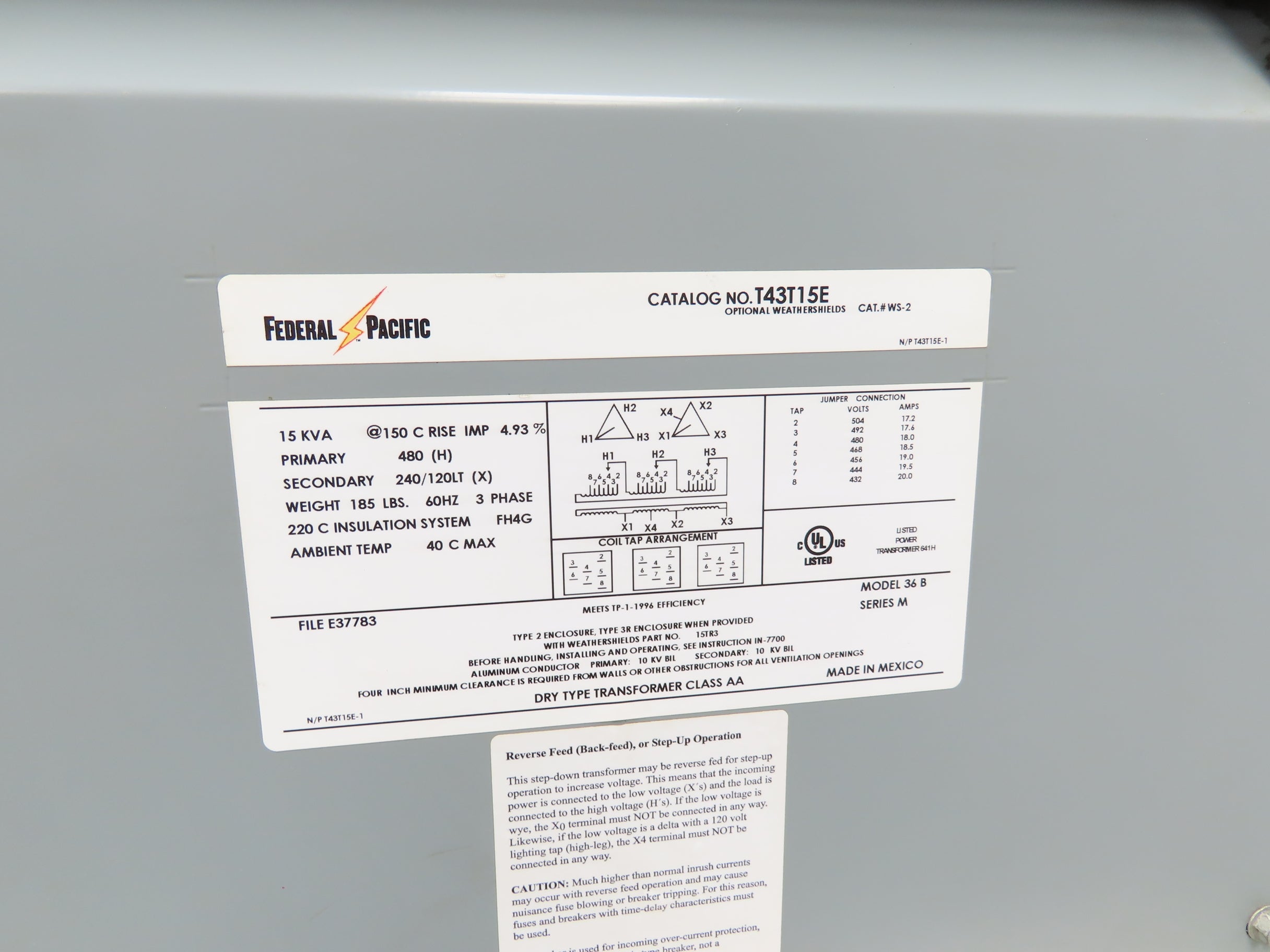 Federal Pacific T43T15E Stepdown Power Transformer 15kva 3Ph HV 480 LV ...