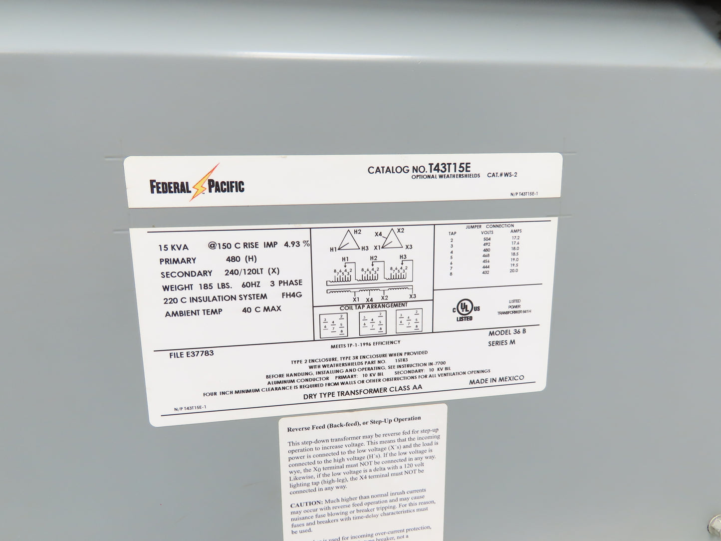 Federal Pacific T43T15E Stepdown Power Transformer 15kva 3Ph HV 480 LV 240/120