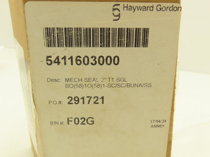 Hayward Gordon 5411603000 Mechanical Seal 2" T1 SGL BO(58)1O(58) 1-SC/SC/BUNA/SS