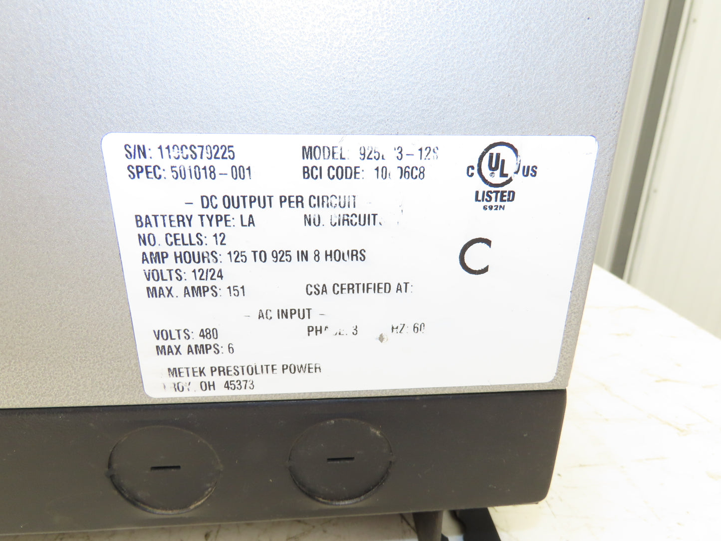 Ametek 925EC3-12S Eclipse II Forklift Battery Charger 24V 500Ah 240/480V 3Ph