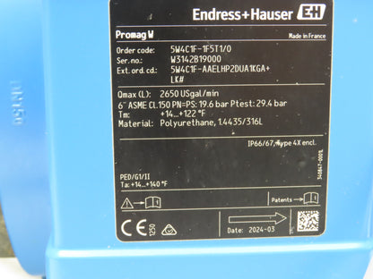 Endress Hauser 5W4C1F-1F5T1/0 Promag W 400 Flow Meter Transmitter 6" Flanged