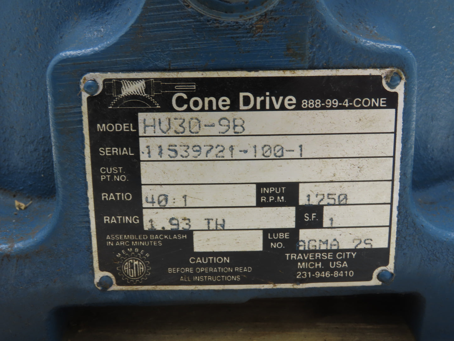 Conedrive HV30-9B Worm Gearbox 40:1 Reducer 44rpm 1.9Hp 1.5" Vertical Down Shaft