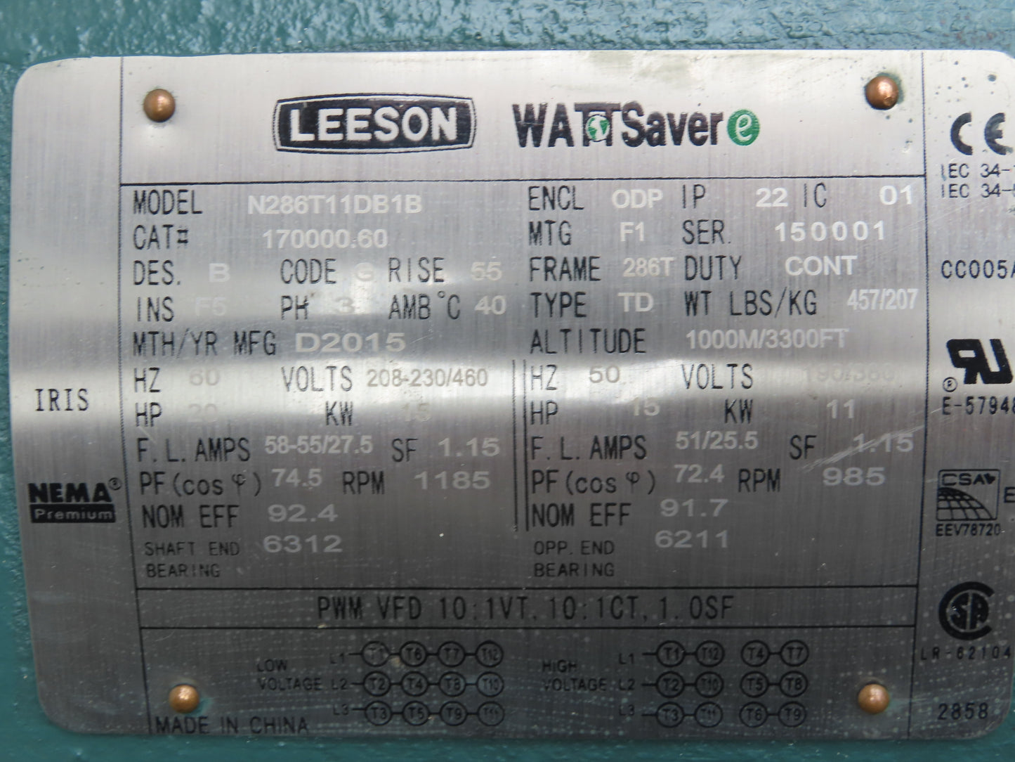 Leeson 170000.60 N286T11DB1B Wattsaver AC Motor 20Hp 1185 RPM 230/460V 3PH 286T