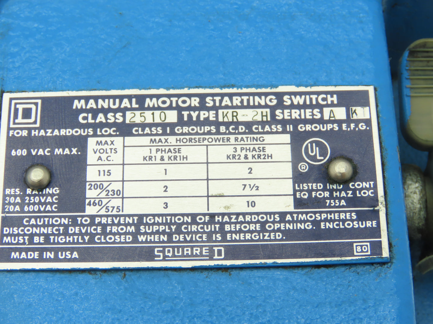 Square D 2510-KR-2H Manual Motor Start Switch Type 4 Watertight 10HP 600V 3PH