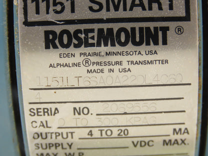 Rosemount 1151LT6SA0A22DL4C6Q Pressure Transmitter 42VDC 285PSI 3" Flange Mount
