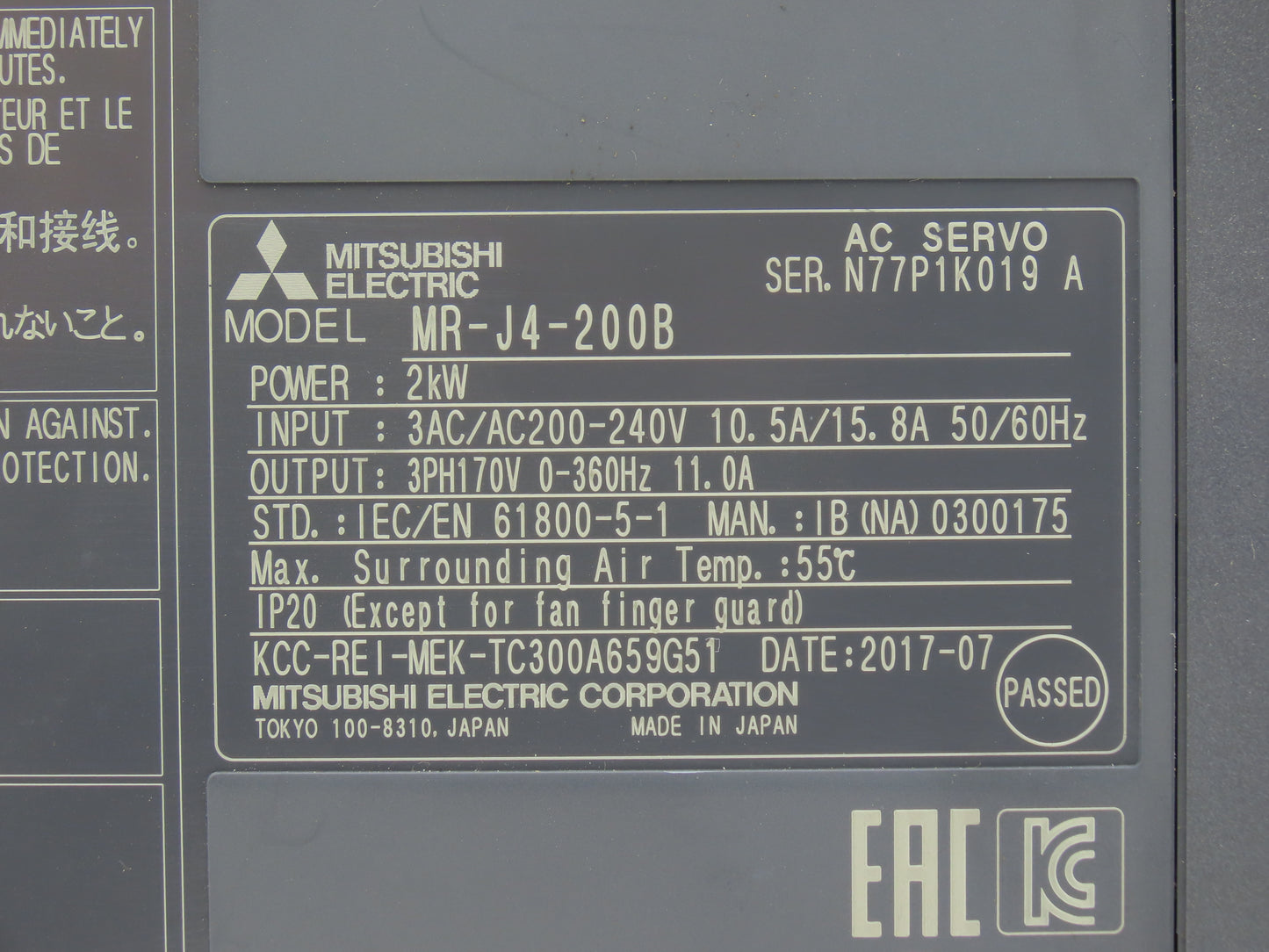 Mitsubishi MR-J4-200B AC Servo Drive 2kW 200-240V 3Ph MELSERVO J4