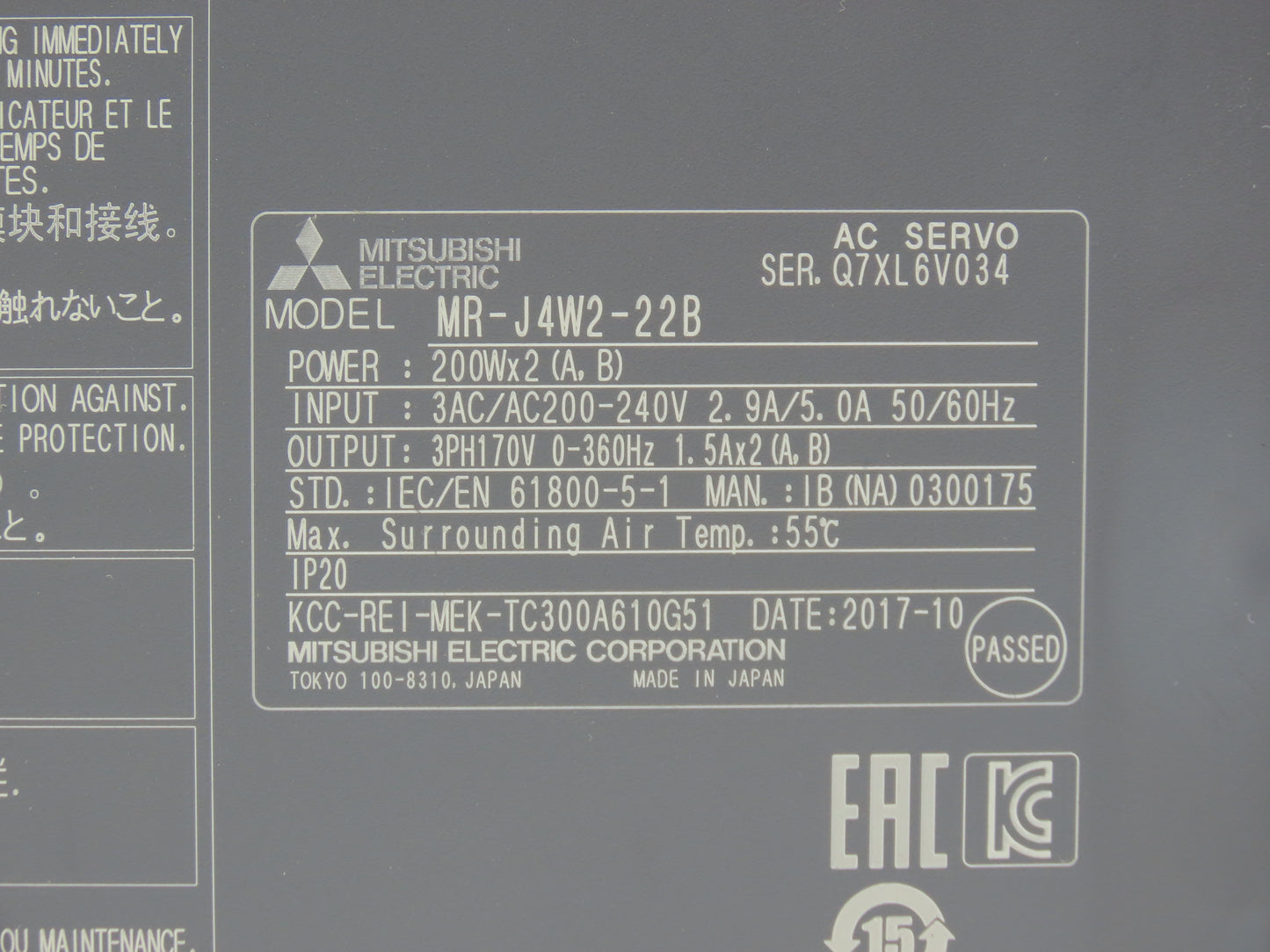 Mitsubishi MR-J4W2-22B AC Servo Drive 0.2kW 200-240V 3Ph MELSERVO J4