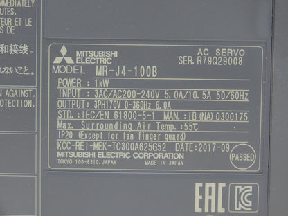 Mitsubishi MR-J4-100B AC Servo Drive 1kW 200-240V 3Ph MELSERVO J4