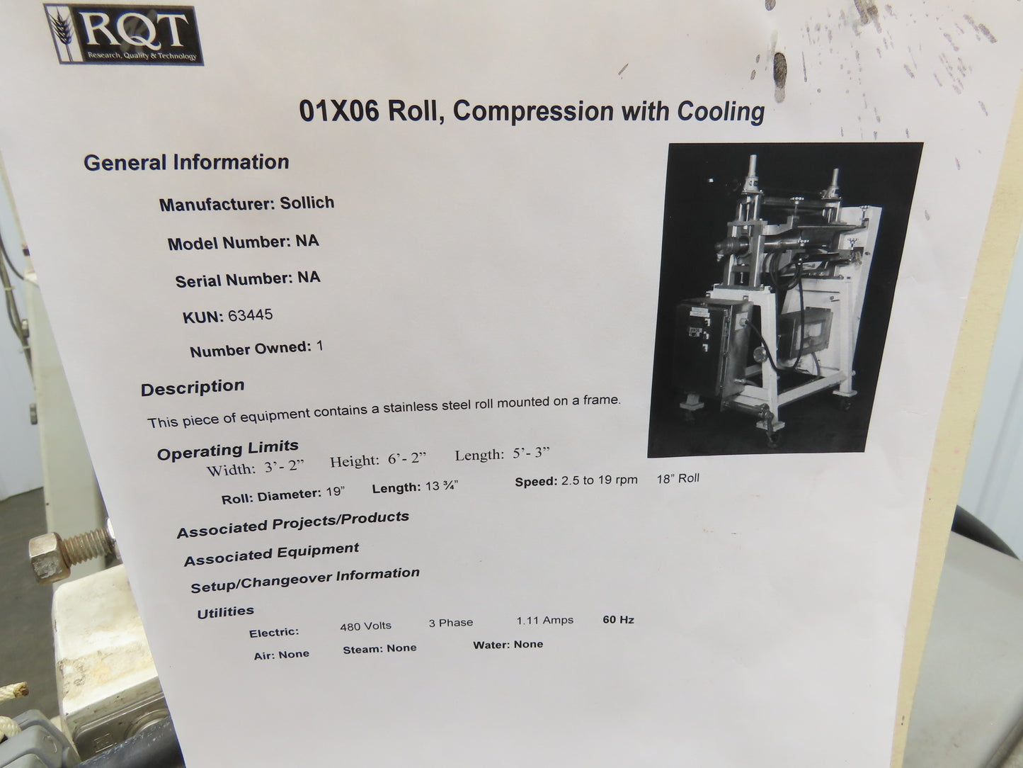 Sollich WEB/WE400 Food Grade Slab Former Compression Cooling Roller 13.75"W 480V