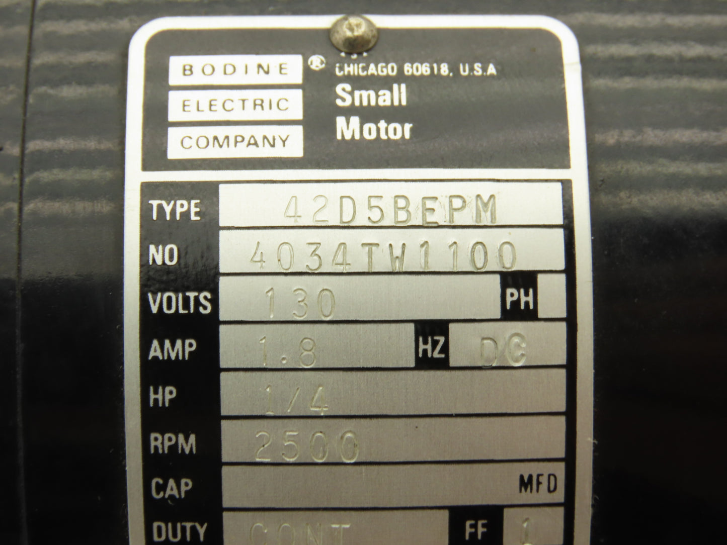 Bodine Electric 42D5BEPM DC Motor 1/4Hp 130VDC 2500 RPM 1/2" Shaft