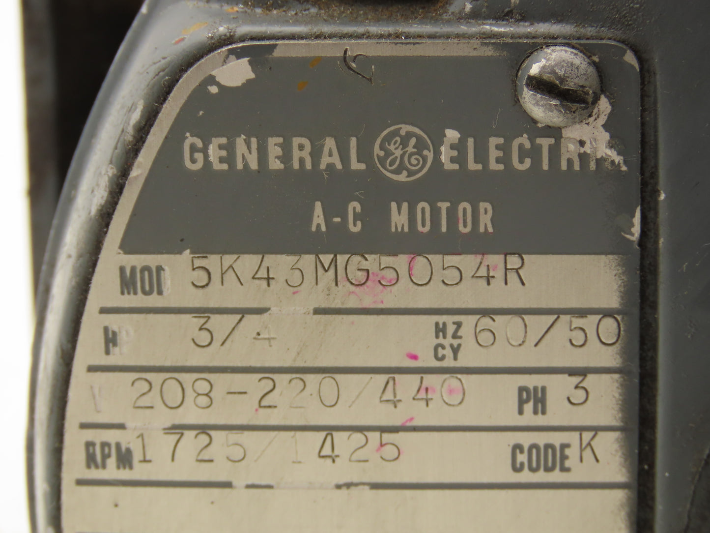 General Electric 5K43MG5054R AC Motor 3/4Hp Double Shaft 208-220/440V 3Ph