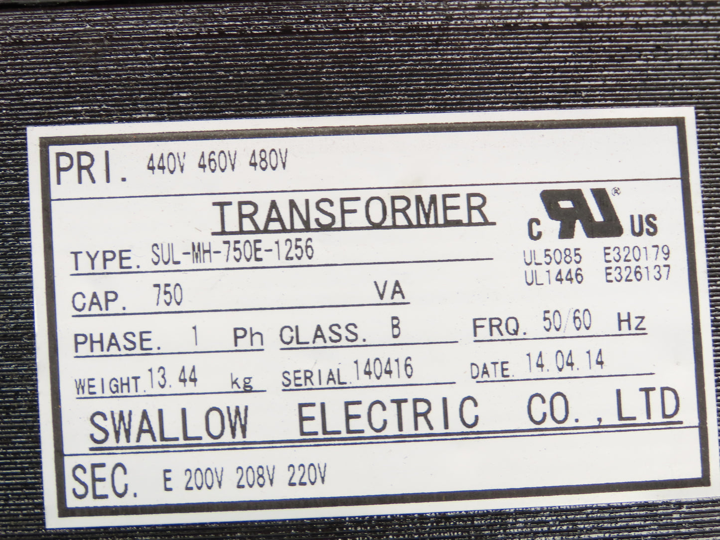 Swallow Step-Down Power Transformer .75kVA Pri 440-460-480V Sec 220-230-240V 1Ph