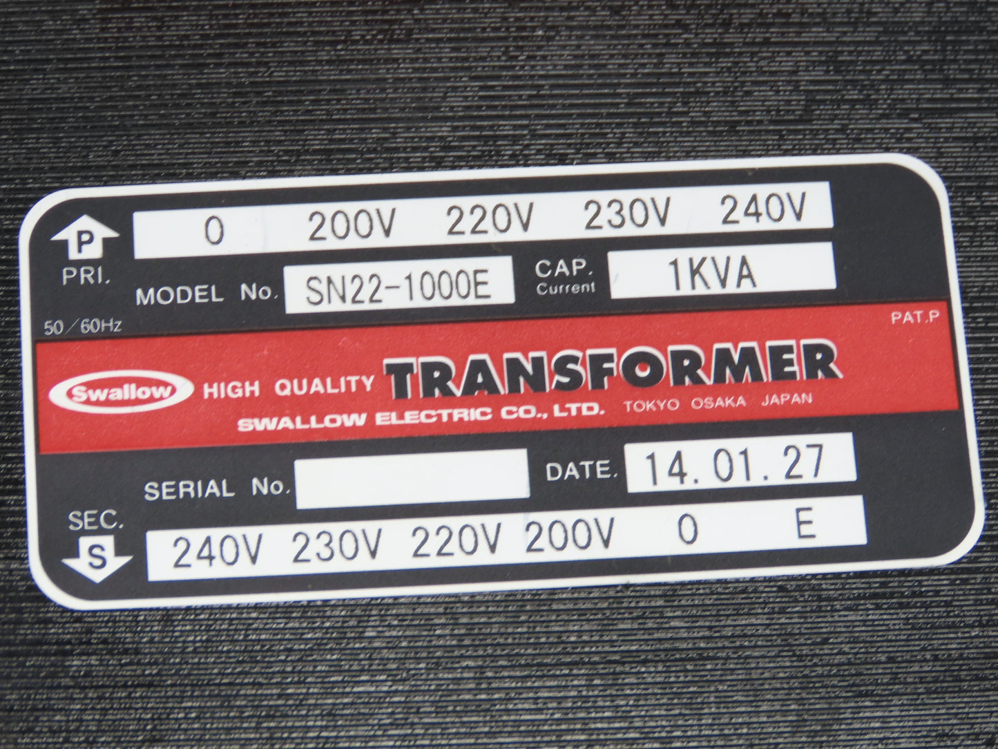 Swallow Single Phase Power Isolation Transformer 1kVA Pri/Sec 200-220-230-240V