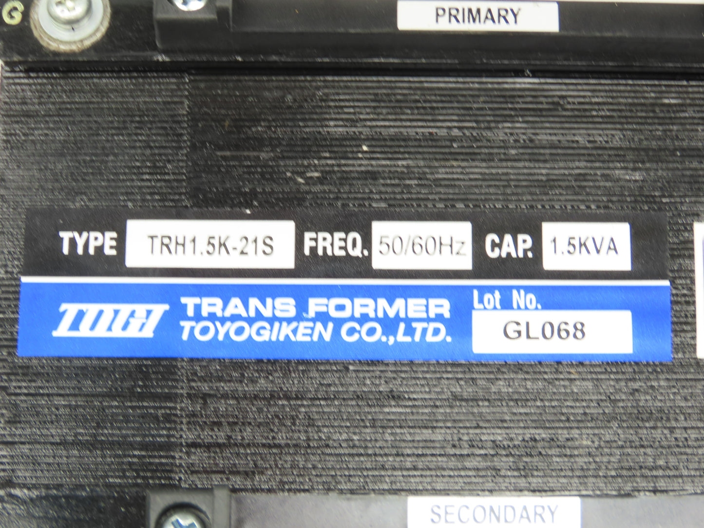 Toyogiken Step-Down Transformer 1.5kVA Pri 200-210-220V Sec 100-105-110V 1PH