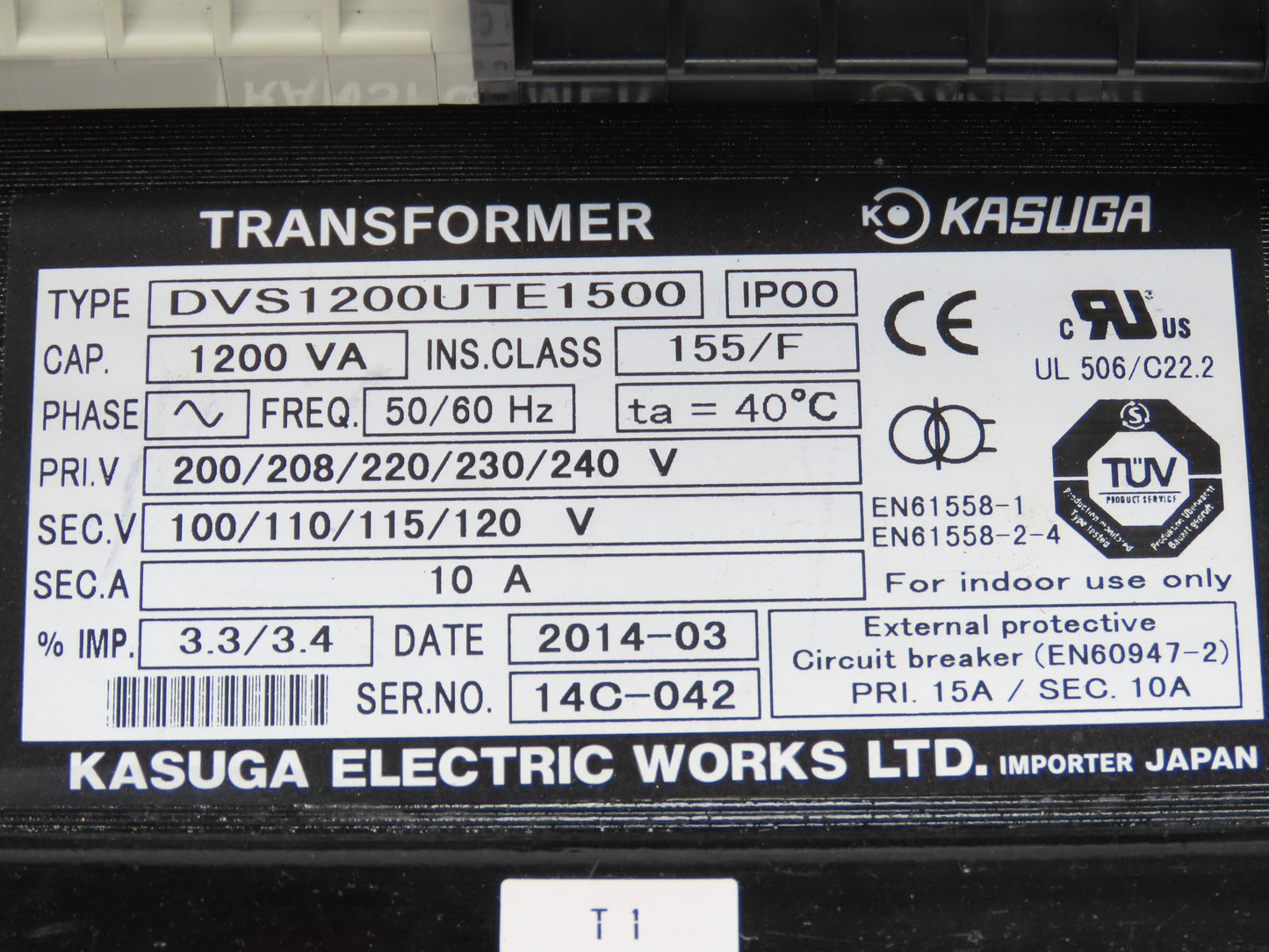 Kasuga DVS1200UTE1500 Control Transformer 1200VA 1.2kVA 1Ph Pri 240V Sec 120V