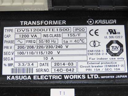 Kasuga DVS1200UTE1500 Control Transformer 1200VA 1.2kVA 1Ph Pri 240V Sec 120V