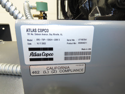 Atlas Copco CR5 Reciprocating Duplex Air Compressor 35CFM 5HP 230V 3Ph 120 Gal
