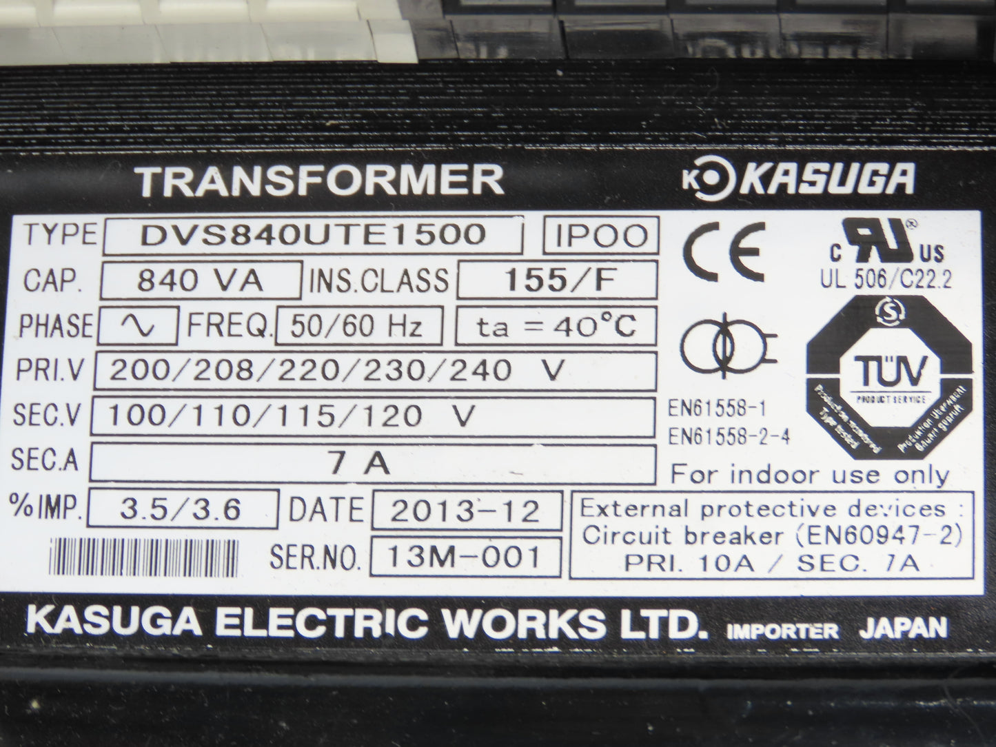 Kasuga DVS840UTE1500 Step-Down Power Transformer 840VA 1Ph Pri 240V Sec 120V