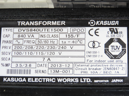 Kasuga DVS840UTE1500 Step-Down Power Transformer 840VA 1Ph Pri 240V Sec 120V