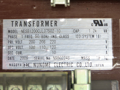 Nunome NESB1200CUL07502-10 Control Transformer 1.2kVA 1Ph Pri 220V Sec 120V