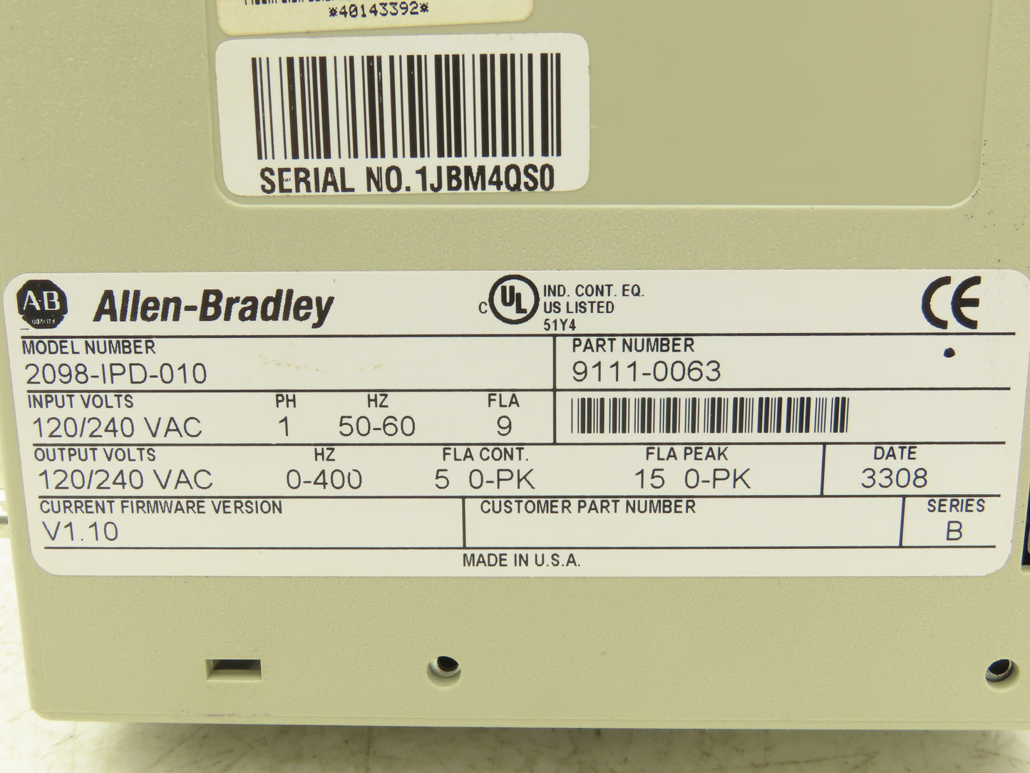 Allen Bradley Ultra 5000 2098IPD010 Intelligent Positioning Drive 120/240VAC 1Ph