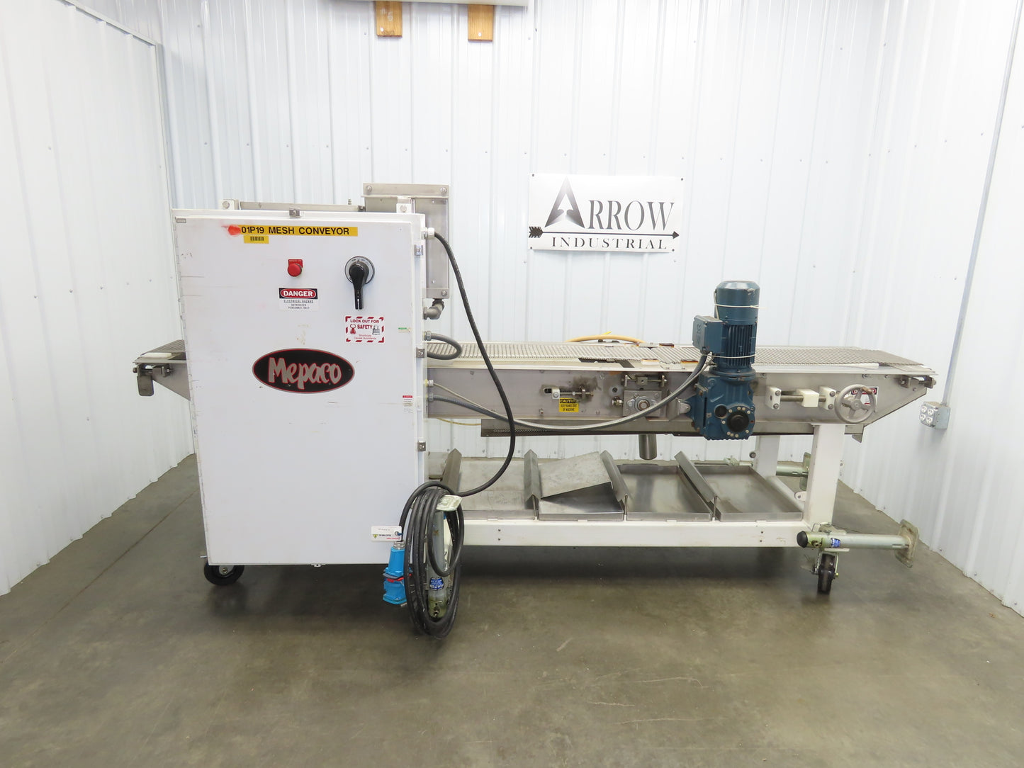 Apache Mepaco 10' 4" Sanitary Washdown Conveyor 12"Mesh Belt 480V Variable Speed