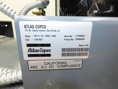 Atlas Copco CR7.5 Reciprocating Duplex Air Compressor 51CFM 7.5HP 3Ph 120 Gal