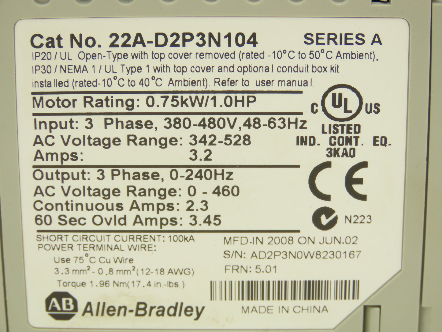 Allen Bradley 22A-D2P3N104 PowerFlex 4 VFD Variable Speed AC Drive 1Hp 460V 3PH