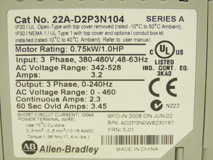 Allen Bradley 22A-D2P3N104 PowerFlex 4 VFD Variable Speed AC Drive 1Hp 460V 3PH
