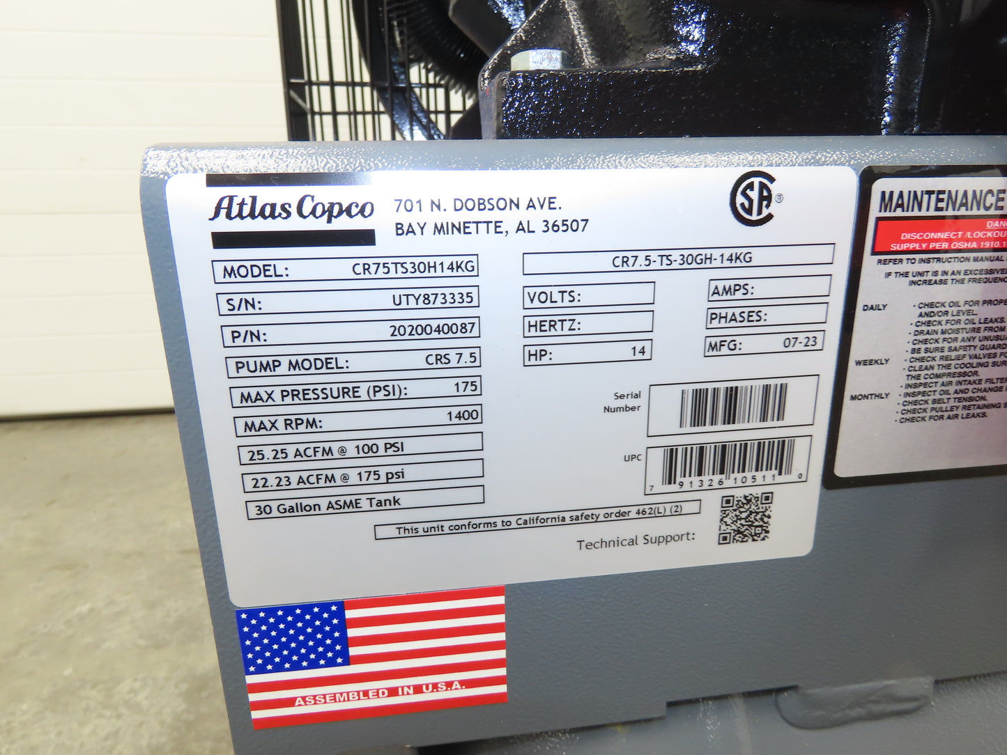 Atlas Copco CR7.5 Two-Stage Horizontal Air Compressor 7.5HP Kohler 30 Gal 175PSI