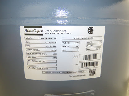 Atlas Copco CR5 Reciprocating Air Compressor 17.4CFM 5HP 460V 3Ph 80 Gal