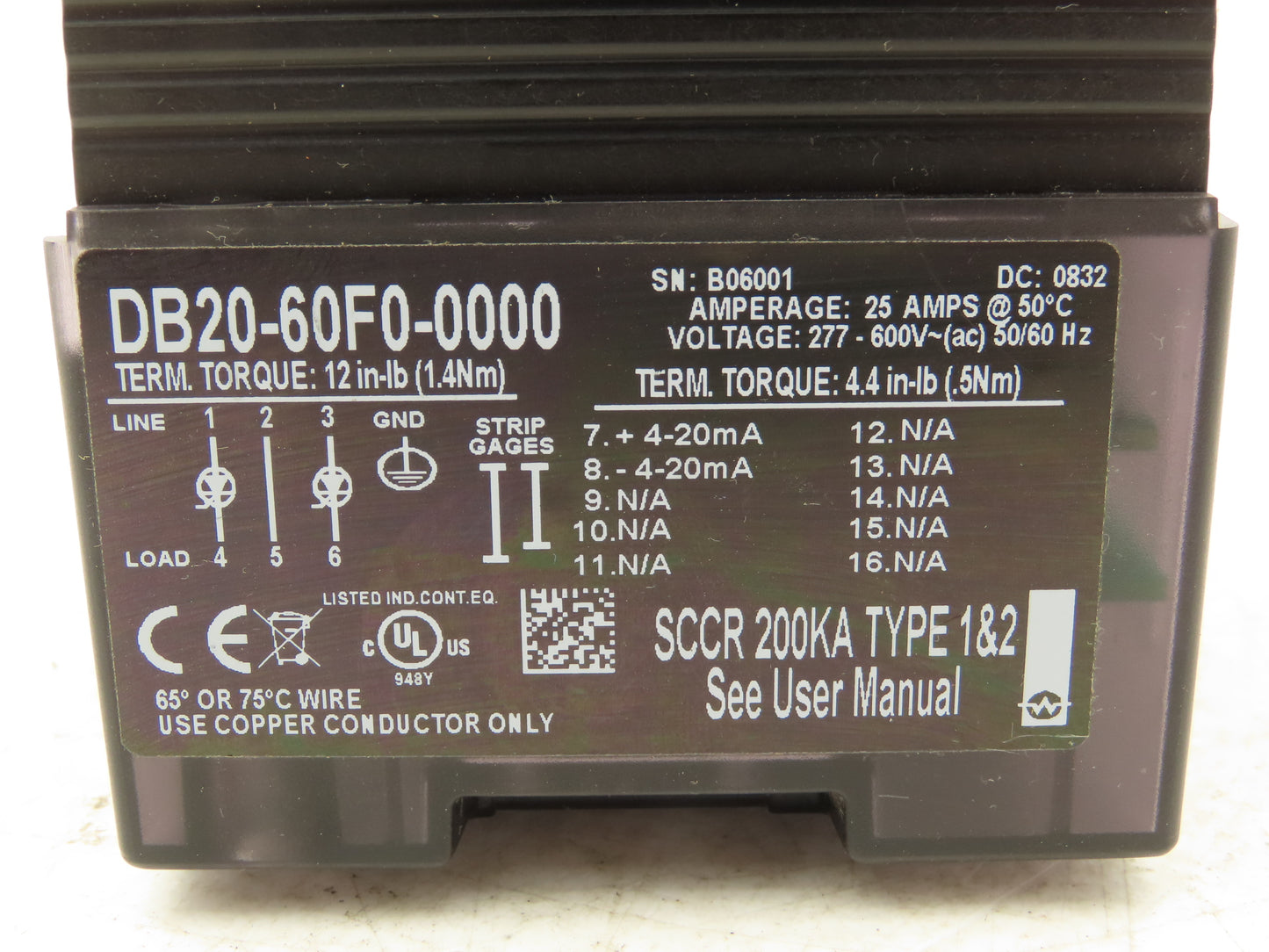 Watlow DB20-60F0-0000 Solid State Power Control Din-a-mite 277-600VAC 25A