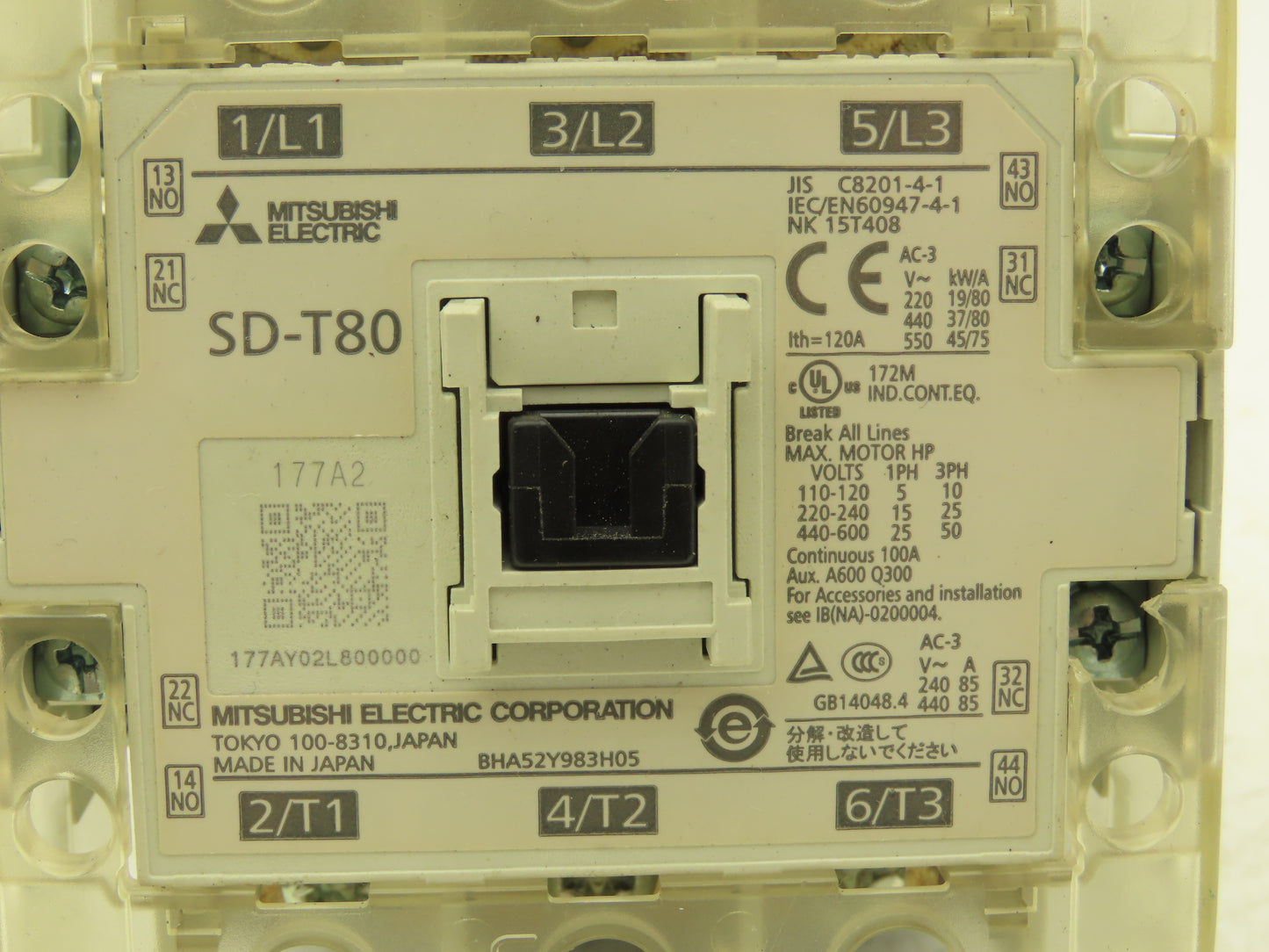 Mitsubishi SD-T80 Motor Starter Contactor 3Ph 50Hp 600V 100A 24VDC Coil