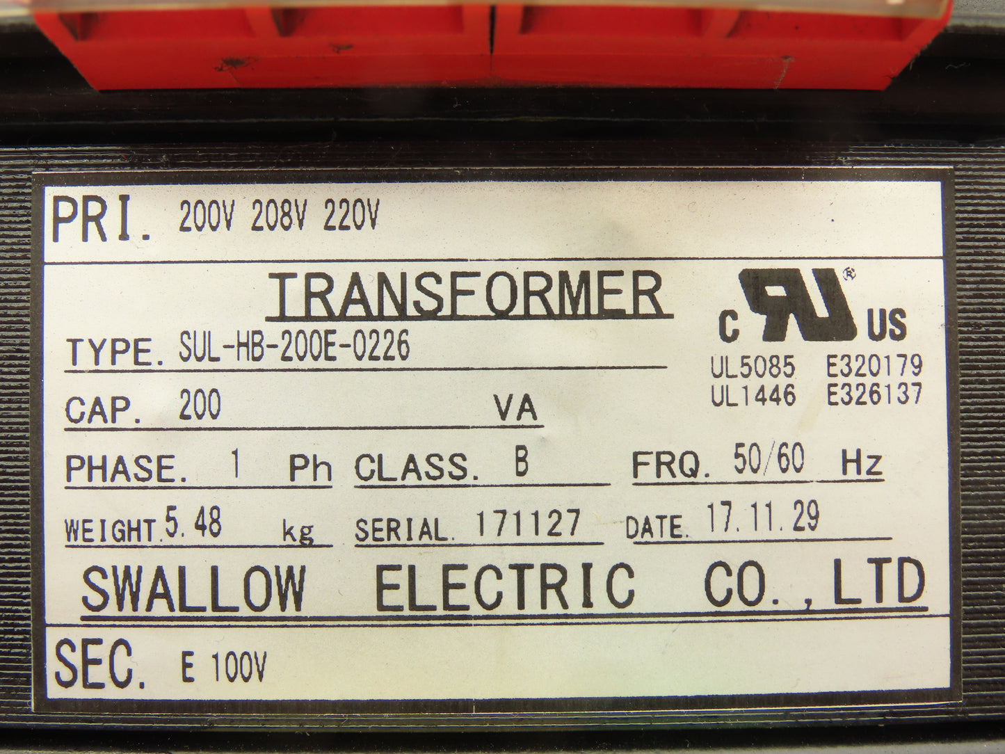 Swallow SUL-HB-200E-0226 Step-Down Transformer Pri 200-208-220V Sec 100V 1Ph