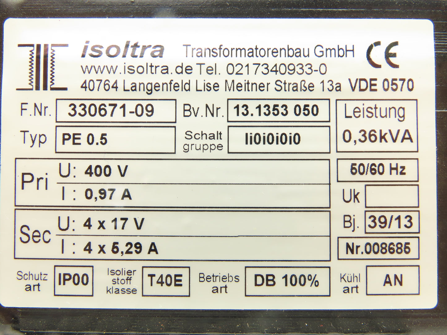 Isoltra Step-Down Power Transformer.45kVA Primary 400V Secondary 4x17V 1Ph
