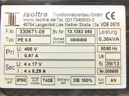 Isoltra Step-Down Power Transformer.45kVA Primary 400V Secondary 4x17V 1Ph