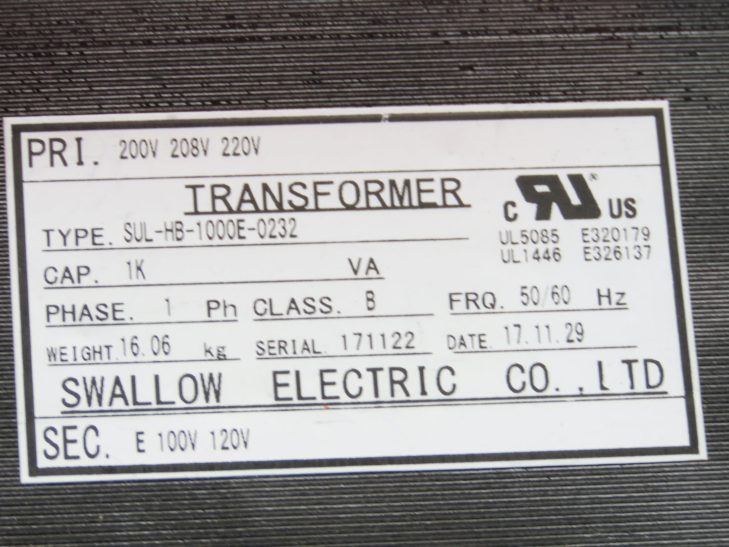 Swallow Step-Down Power Transformer 1kVA Pri 200-208-220V Sec 100-120V 1Ph