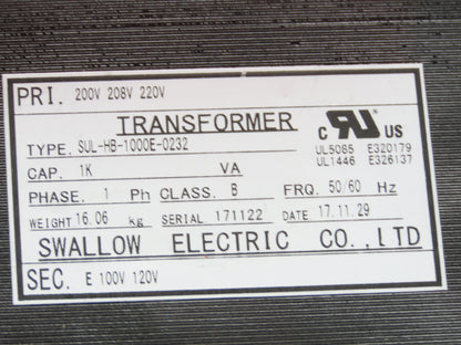 Swallow Step-Down Power Transformer 1kVA Pri 200-208-220V Sec 100-120V 1Ph
