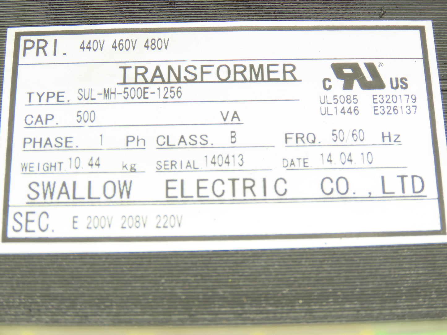 Swallow Step-Down Power Transformer 500VA Pri 440-460-480V Sec 200-208-220V 1Ph