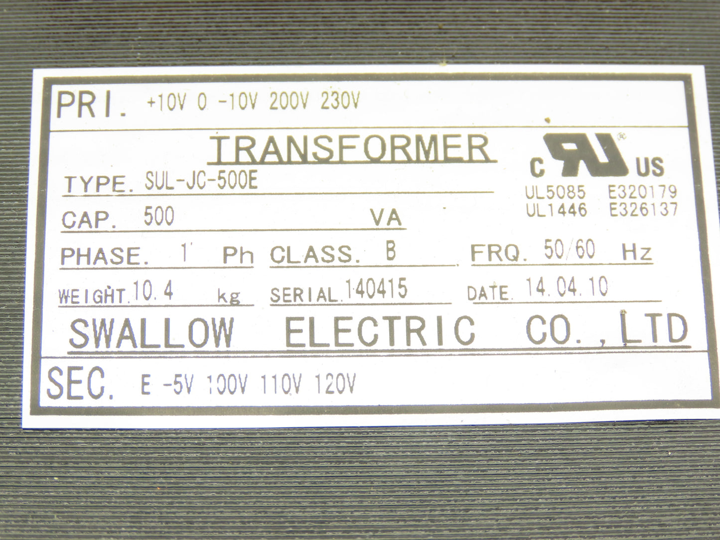 Swallow Step-Down Power Transformer 500VA Pri 190-240V Sec 95-120V 1Ph