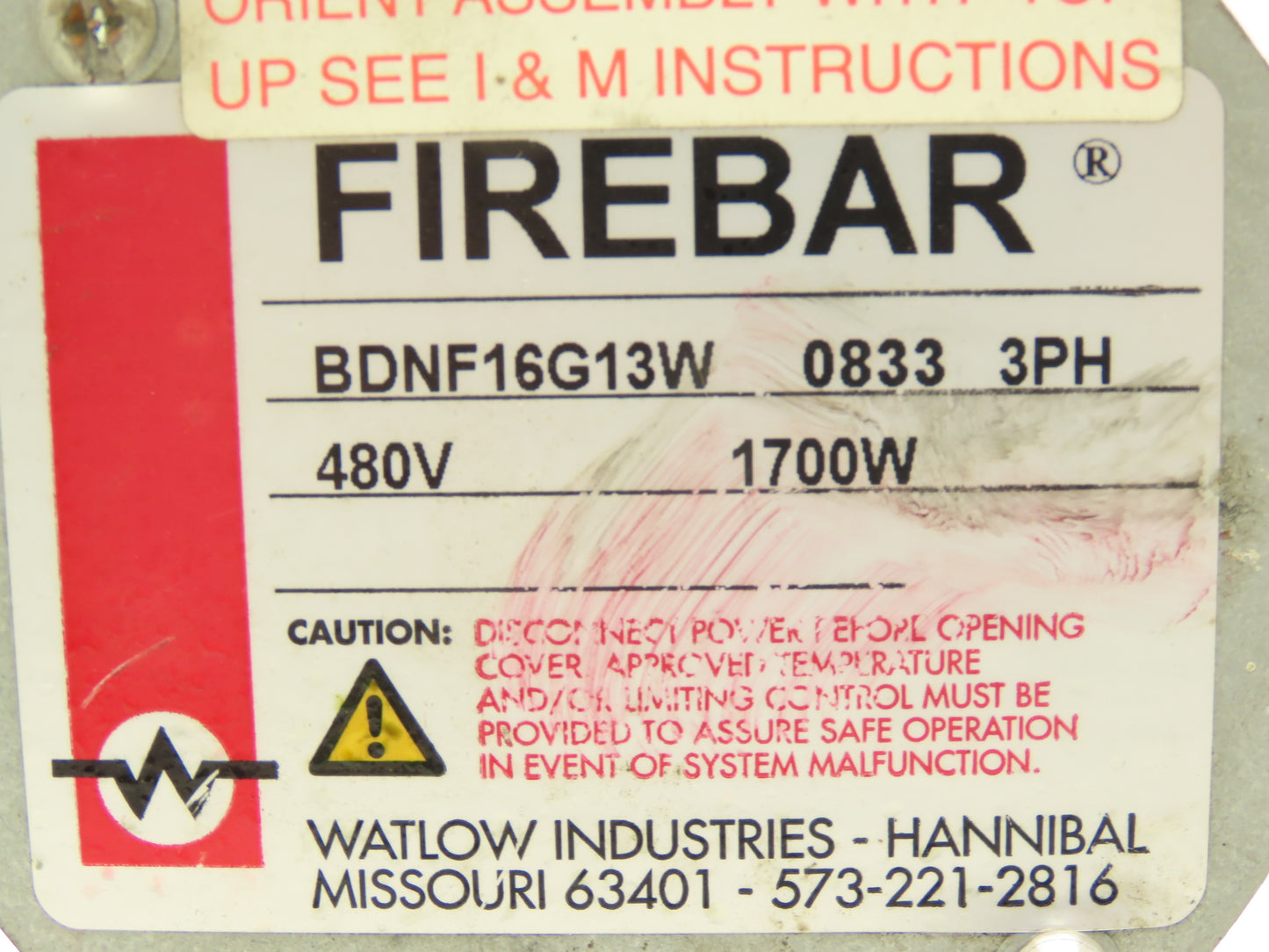 Watlow Firebar BDNF16G13W Immersion Heater 1700W 480V 3PH 1.25" Screw Plug 16"L