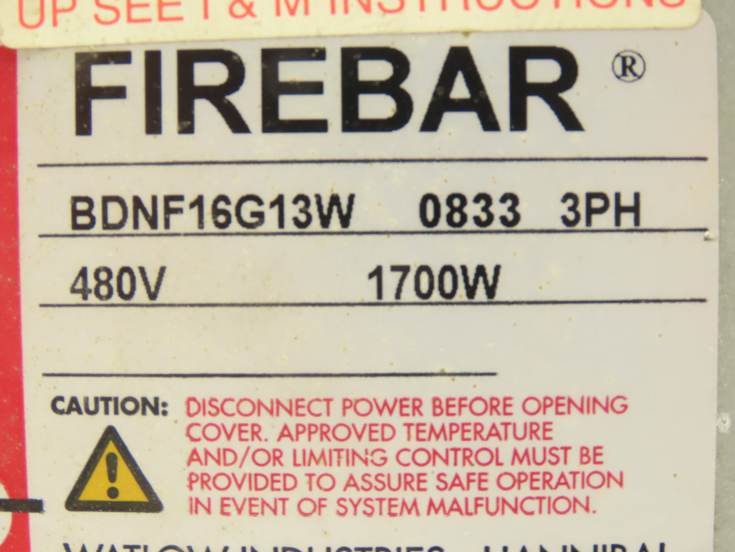 Watlow Firebar BDNF16G13W Immersion Heater 1700W 480V 3PH 1.25" Screw Plug 16"L