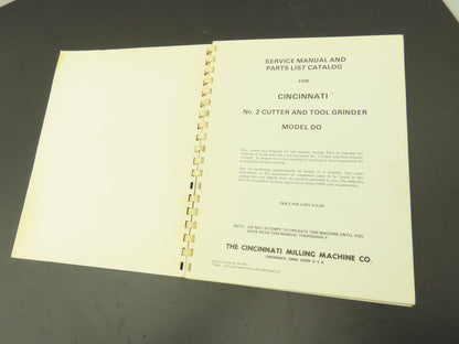 Cincinnati No 2 DO Cutter & Tool Grinder Owner Operator Instruction Manual