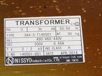 Nissyo 3AX-3-T140501 Step-Down Transformer 3Phase 3kVA 440-460-480V Pri 200V Sec