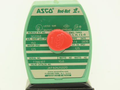 Asco Red Hat JKF8262G020 Brass Solenoid Valve 2-Way 1/4"NPT 24VDC NC