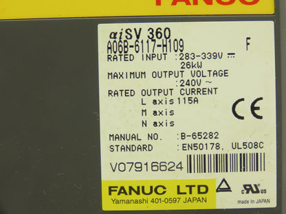 Fanuc A06B-6117-H109 Servo Drive Amplifier Module 26kW 240V aiSV 360 Rev F