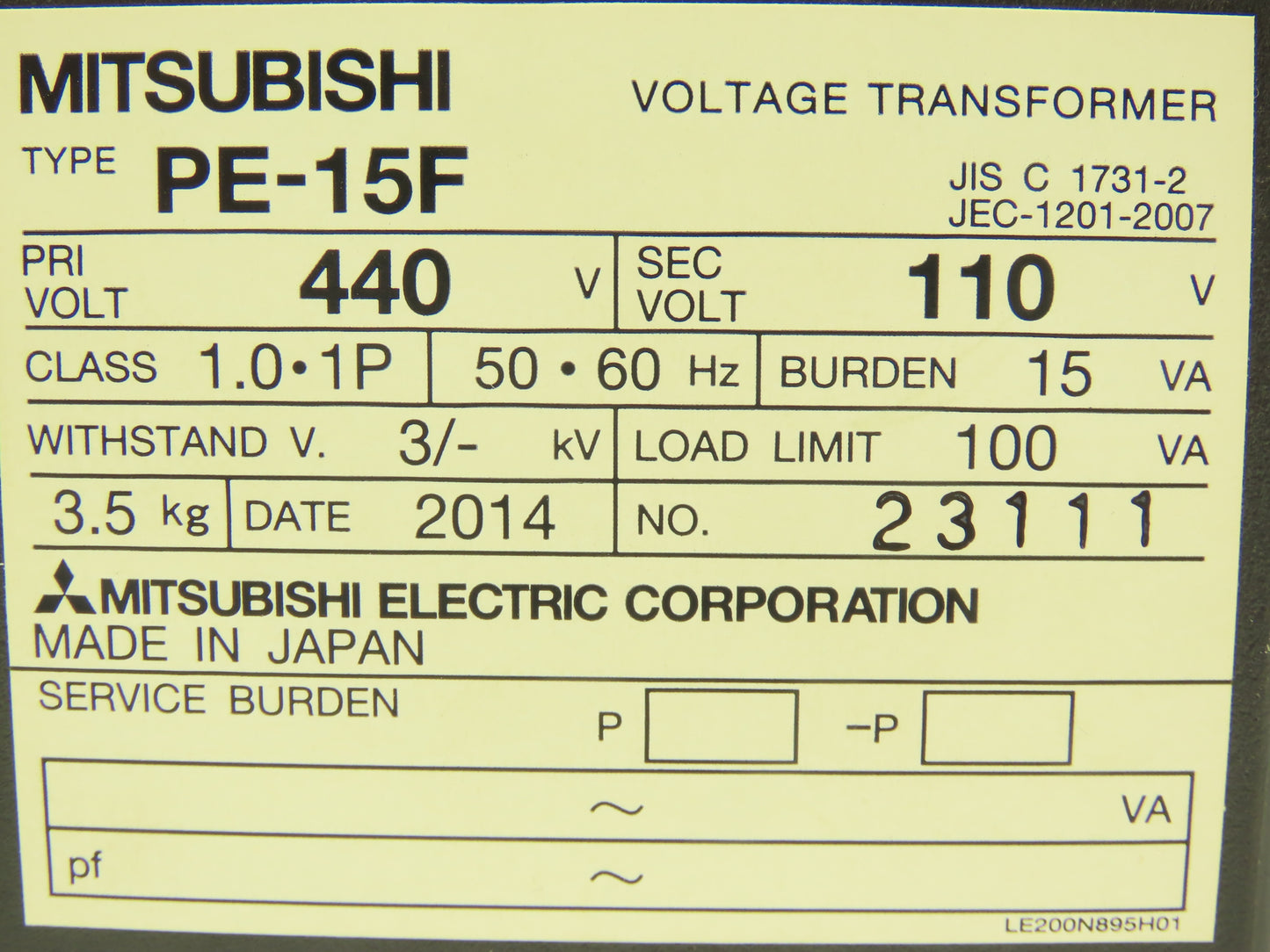 Mitsubishi PE-15F Step-Down Power Transformer 15VA HV 440V LV 110V